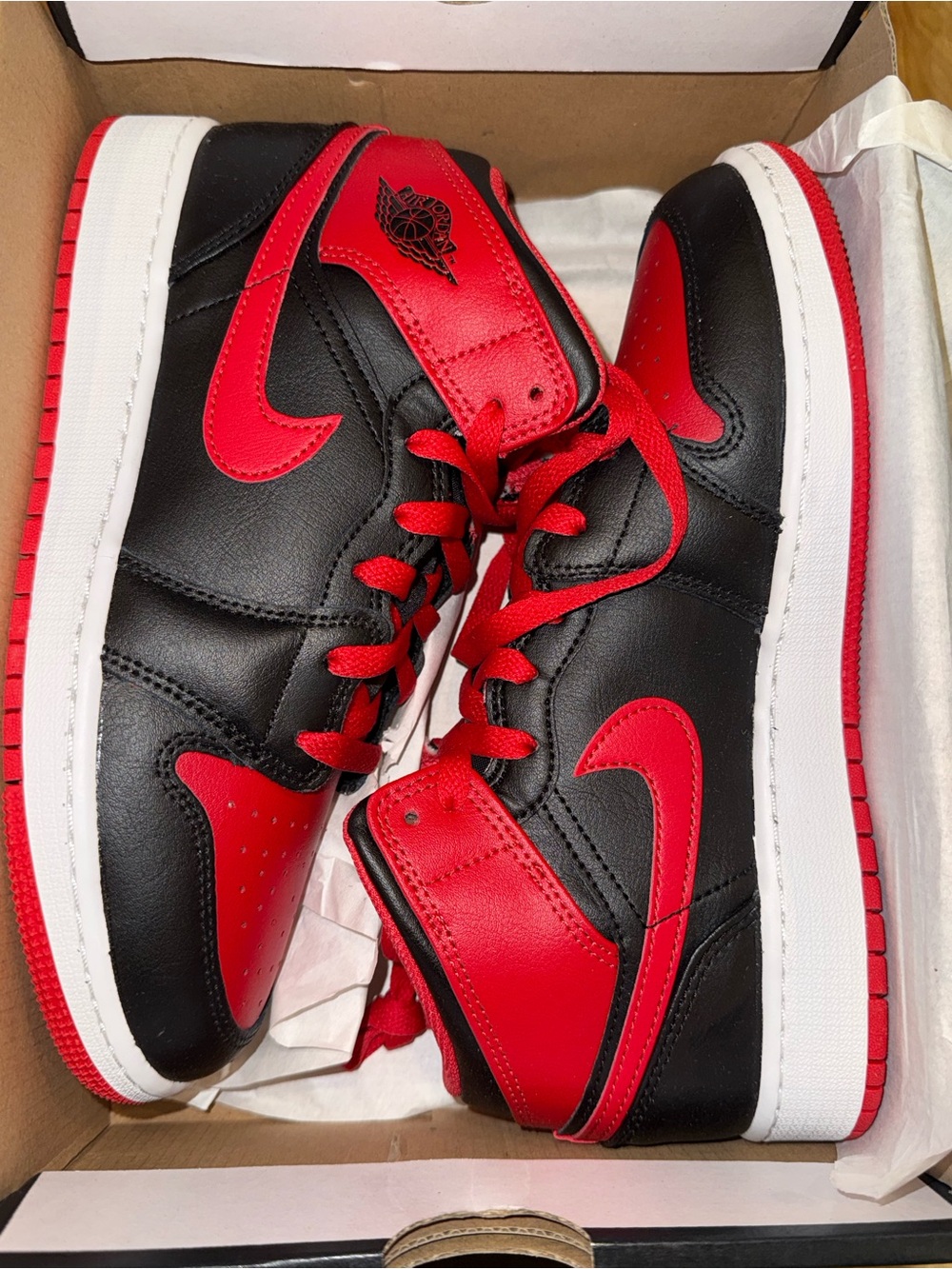 Air Jordan 1 Mid Youth Red and Black Mid-Top Sneakers - Picture 2 of 11